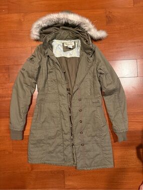 Billabong Olive Green Hooded Parka with Faux Fur Trim